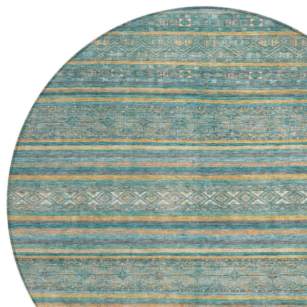 HomeRoots 5' Southwestern Washable Indoor Outdoor Rug in Teal Blue, Gold, and Taupe - Durable, Stylish Comfort 8' Round 615982