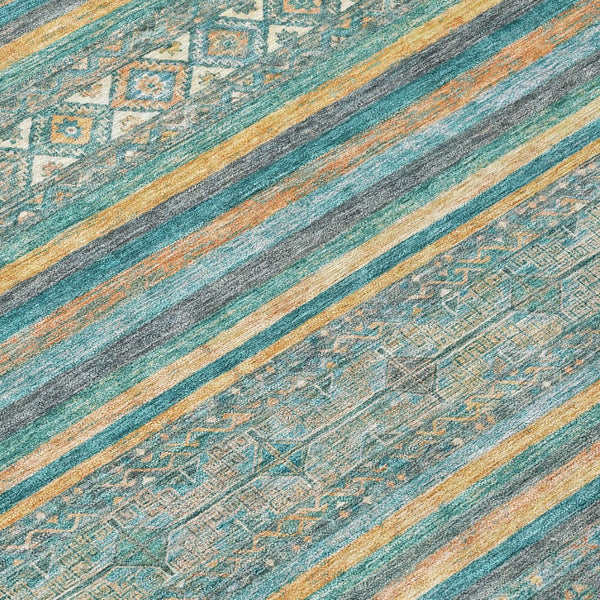 HomeRoots 5' Southwestern Washable Indoor Outdoor Rug in Teal Blue, Gold, and Taupe - Durable, Stylish Comfort 8' Round 615982