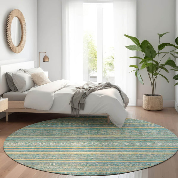 HomeRoots 5' Southwestern Washable Indoor Outdoor Rug in Teal Blue, Gold, and Taupe - Durable, Stylish Comfort 8' Round 615982