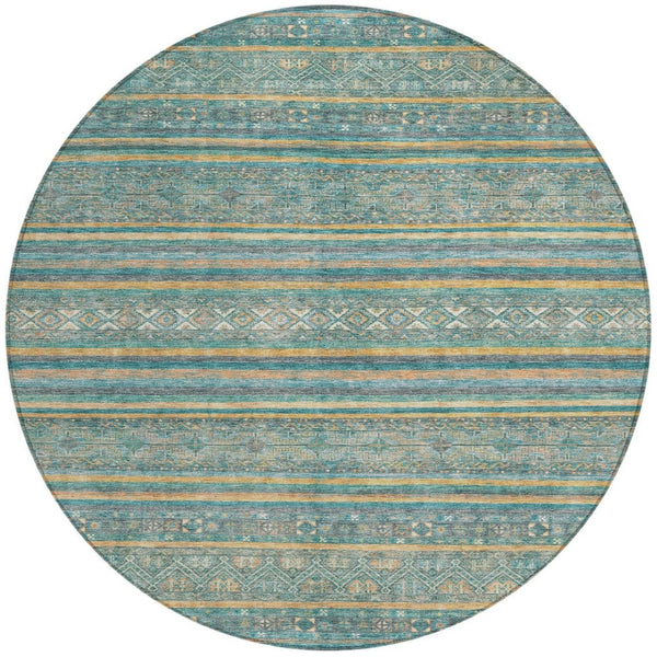 HomeRoots 5' Southwestern Washable Indoor Outdoor Rug in Teal Blue, Gold, and Taupe - Durable, Stylish Comfort 8' Round 615982