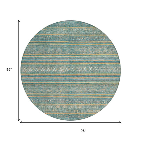 HomeRoots 5' Southwestern Washable Indoor Outdoor Rug in Teal Blue, Gold, and Taupe - Durable, Stylish Comfort 8' Round 615982