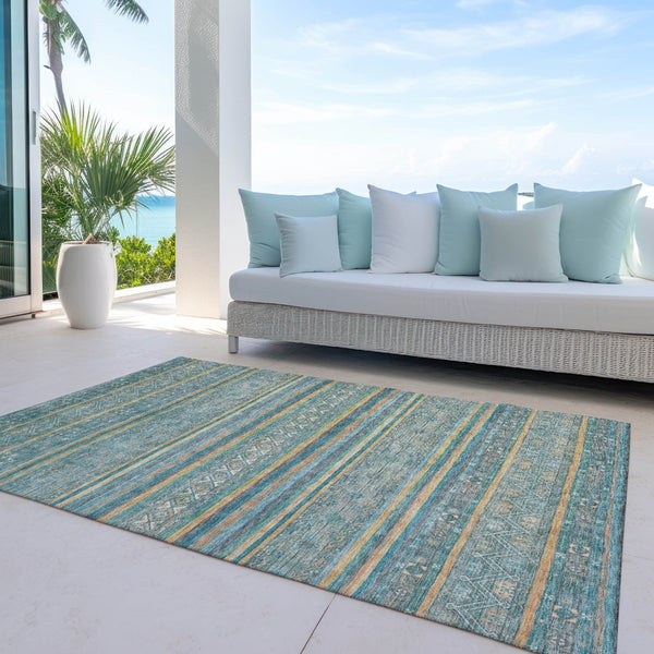 HomeRoots 5' Southwestern Washable Indoor Outdoor Rug in Teal Blue, Gold, and Taupe - Durable, Stylish Comfort 8' X 10' 615983