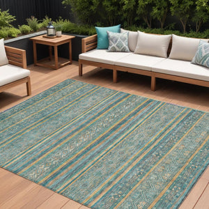 HomeRoots 5' Southwestern Washable Indoor Outdoor Rug in Teal Blue, Gold, and Taupe - Durable, Stylish Comfort 10' X 14' 615985