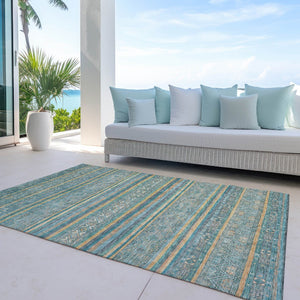 HomeRoots 5' Southwestern Washable Indoor Outdoor Rug in Teal Blue, Gold, and Taupe - Durable, Stylish Comfort 10' X 14' 615985