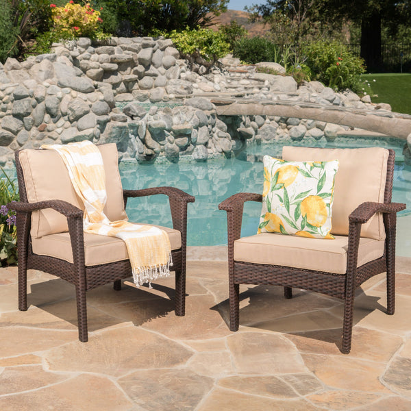 English Elm Christopher Knight Home® - HONOLULU Woven Rattan Club Chair Set — Durable PE Rattan & Iron Frame, Waterproof Fabric, Cozy Seating Brown+Tan 52918.00BRNMP2