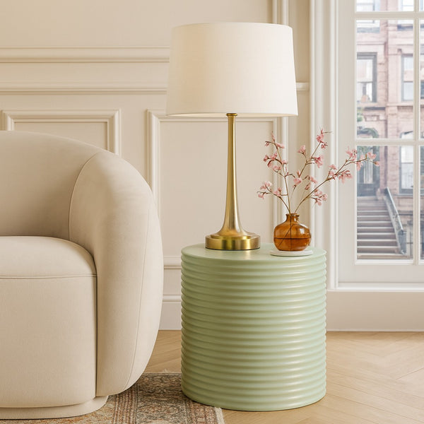 Meridian Furniture Nobi Ribbed Concrete Cylinder Accent Table Sculptural Art Deco for Indoor Outdoor Use Green 615Green-ET