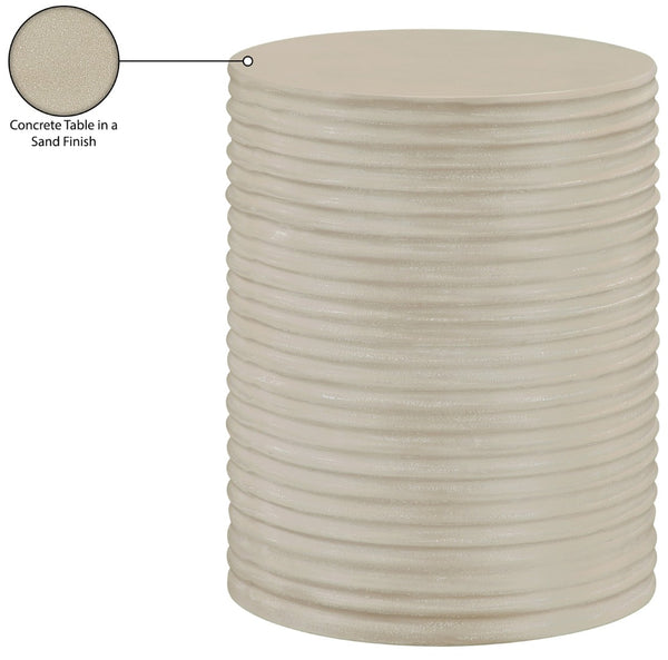 Meridian Furniture Nobi Ribbed Concrete Cylinder Accent Table Sculptural Art Deco for Indoor Outdoor Use Beige 615Sand-ET