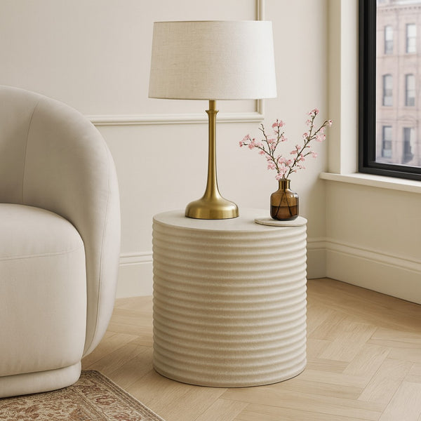 Meridian Furniture Nobi Ribbed Concrete Cylinder Accent Table Sculptural Art Deco for Indoor Outdoor Use Beige 615Sand-ET