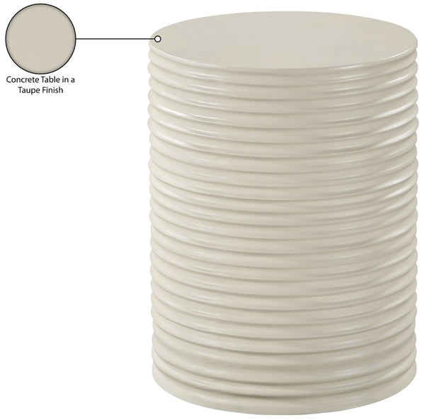 Meridian Furniture Nobi Ribbed Concrete Cylinder Accent Table Sculptural Art Deco for Indoor Outdoor Use Taupe 615Taupe-ET