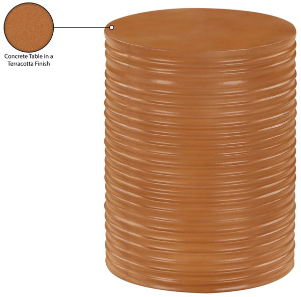 Meridian Furniture Nobi Ribbed Concrete Cylinder Accent Table Sculptural Art Deco for Indoor Outdoor Use Terracotta 615Terracotta-ET