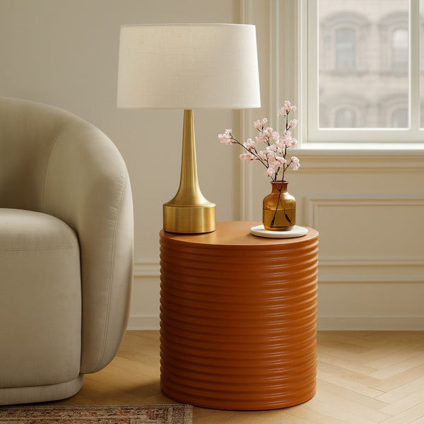 Meridian Furniture Nobi Ribbed Concrete Cylinder Accent Table Sculptural Art Deco for Indoor Outdoor Use Terracotta 615Terracotta-ET