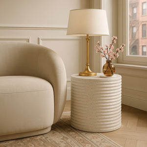 Meridian Furniture Nobi Ribbed Concrete Cylinder Accent Table Sculptural Art Deco for Indoor Outdoor Use Terrazzo 615Trzo-ET