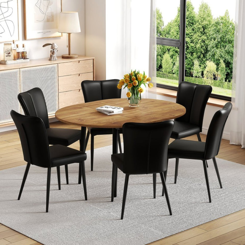 English Elm Table Modern Extendable Dining Set With 6 Black Pu Chairs – Stylish, Space-Saving Design For Gatherings W1151S04146-GIGA