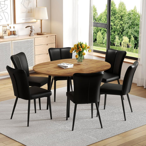 English Elm Table Modern Extendable Dining Set With 6 Black Pu Chairs – Stylish, Space-Saving Design For Gatherings W1151S04146-GIGA