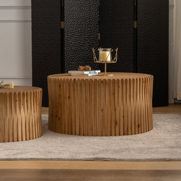 English Elm Vintage Cylindrical Nesting Coffee Table Set, Textured Embossed Wood Accent Tables for Living Room Natural W757P195740