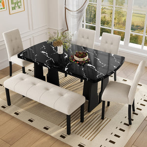 English Elm 6 Piece Dining Set with Rectangular Solid Wood Table, Upholstered Chairs & Bench, Rustic Charm, Easy Assembly, Seats 6 Beige,Black N752S000011A