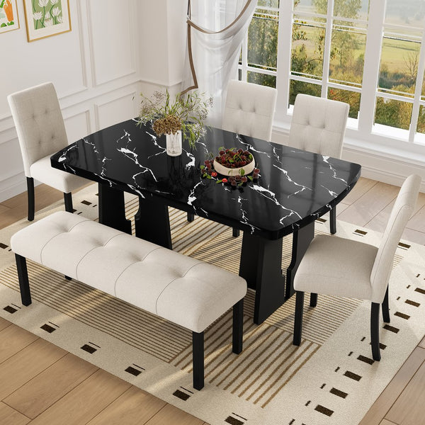 English Elm 6 Piece Dining Set with Rectangular Solid Wood Table, Upholstered Chairs & Bench, Rustic Charm, Easy Assembly, Seats 6 Beige,Black N752S000011A