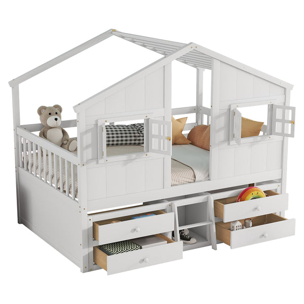 English Elm Full Size House Loft Bed With Roof & Windows, 4 Storage Drawers, Pine Wood, Safe Guardrails & Ladder W504S00242