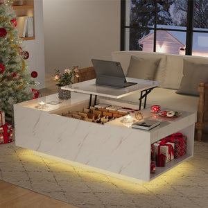 English Elm Coffee Table with Led Lighting Bluetooth Speaker Wireless Charging and Faux Marble Top T3773P415729
