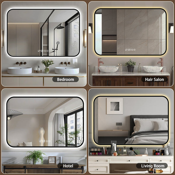 English Elm 48x32 Black Frame Wall Mirror with Time & Temp Display, 3-Color Dimmable LED, Defogger, Safety Glass W2709P242468