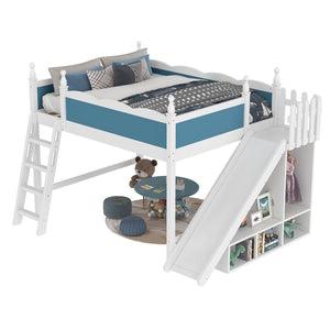 English Elm Queen Solid Pine Loft Bed with Wardrobe Shelves Detachable Slide and Dual Sleeping Zones Blue,Off White W5305S00029
