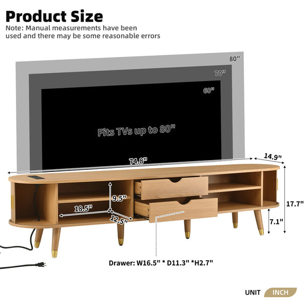 English Elm Wooden Fluted Tambour Media Console Mid Century Modern Tv Stand with Built in Charging Natural N721P428444L