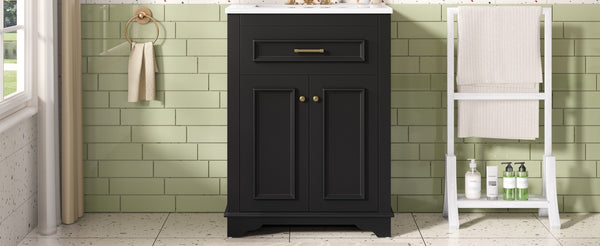English Elm 24" Matte Single Sink Vanity Solid Poplar Frame Gold Hardware Soft Close Cabinet Black N710P389449B