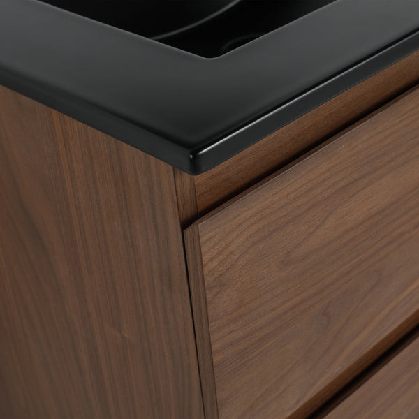 English Elm 24" Wall-Mounted Bathroom Vanity With Black Ceramic Sink & 2 Soft-Close Drawers For Stylish Storage W999S00193