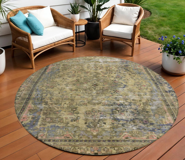 HomeRoots 5' Artichoke Green and Denim Blue Medallion Area Rug – Stylish, Durable, Washable Indoor/Outdoor Design 8' Round 616042