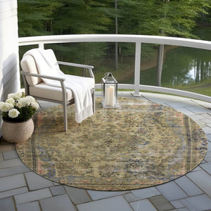 HomeRoots 5' Artichoke Green and Denim Blue Medallion Area Rug – Stylish, Durable, Washable Indoor/Outdoor Design 8' Round 616042