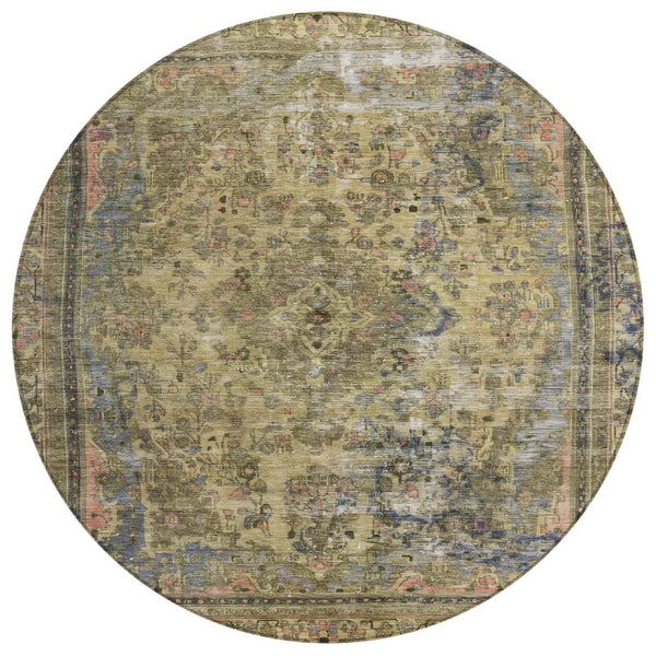 HomeRoots 5' Artichoke Green and Denim Blue Medallion Area Rug – Stylish, Durable, Washable Indoor/Outdoor Design 8' Round 616042