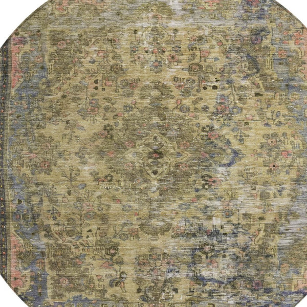 HomeRoots 5' Artichoke Green and Denim Blue Medallion Area Rug – Stylish, Durable, Washable Indoor/Outdoor Design 8' Round 616042