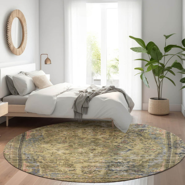 HomeRoots 5' Artichoke Green and Denim Blue Medallion Area Rug – Stylish, Durable, Washable Indoor/Outdoor Design 8' Round 616042