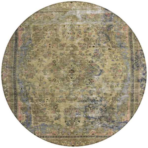 HomeRoots 5' Artichoke Green and Denim Blue Medallion Area Rug – Stylish, Durable, Washable Indoor/Outdoor Design 8' Round 616042