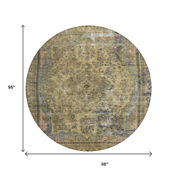 HomeRoots 5' Artichoke Green and Denim Blue Medallion Area Rug – Stylish, Durable, Washable Indoor/Outdoor Design 8' Round 616042