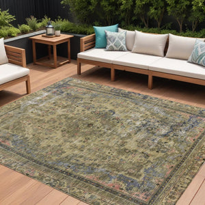 HomeRoots 5' Artichoke Green and Denim Blue Medallion Area Rug – Stylish, Durable, Washable Indoor/Outdoor Design 8' X 10' 616043