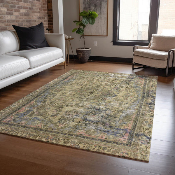 HomeRoots 5' Artichoke Green and Denim Blue Medallion Area Rug – Stylish, Durable, Washable Indoor/Outdoor Design 8' X 10' 616043