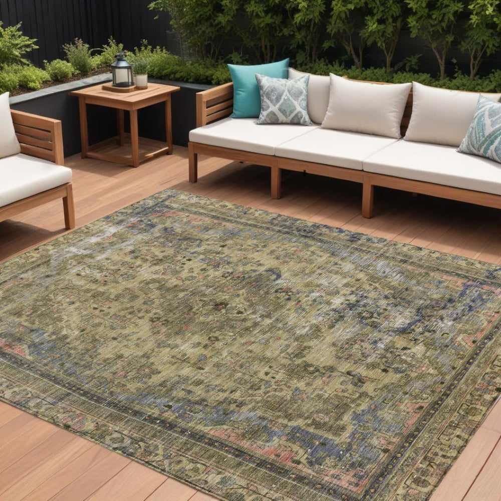 HomeRoots 5' Artichoke Green and Denim Blue Medallion Area Rug – Stylish, Durable, Washable Indoor/Outdoor Design 9' X 12' 616044