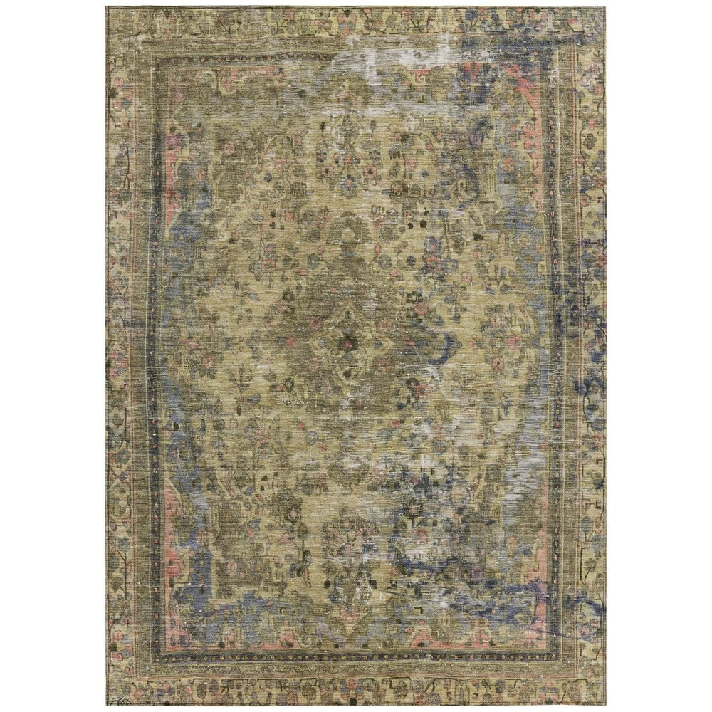 HomeRoots 5' Artichoke Green and Denim Blue Medallion Area Rug – Stylish, Durable, Washable Indoor/Outdoor Design 9' X 12' 616044