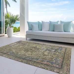 HomeRoots 5' Artichoke Green and Denim Blue Medallion Area Rug – Stylish, Durable, Washable Indoor/Outdoor Design 10' X 14' 616045