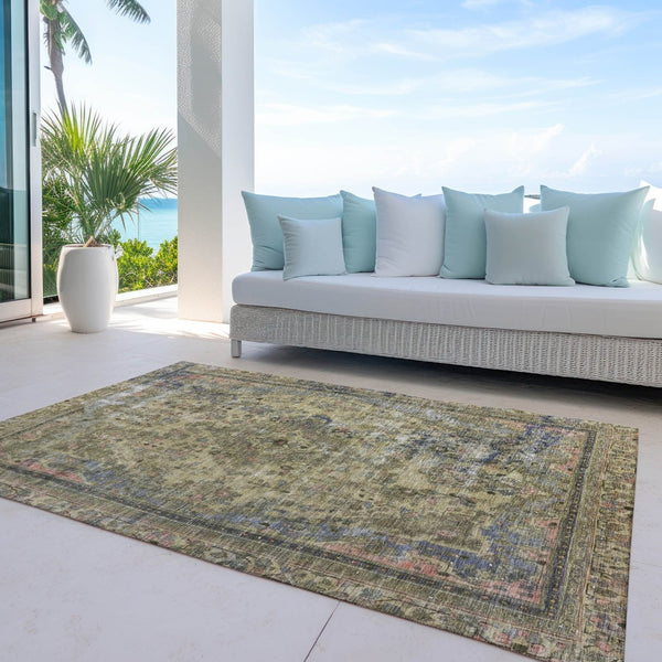 HomeRoots 5' Artichoke Green and Denim Blue Medallion Area Rug – Stylish, Durable, Washable Indoor/Outdoor Design 10' X 14' 616045