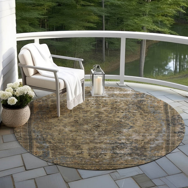 HomeRoots 5' Classic Medallion Indoor Outdoor Area Rug in Brown & Denim Blue - Washable, Durable, Versatile 8' Round 616048