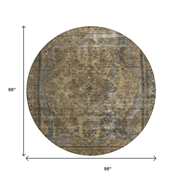 HomeRoots 5' Classic Medallion Indoor Outdoor Area Rug in Brown & Denim Blue - Washable, Durable, Versatile 8' Round 616048