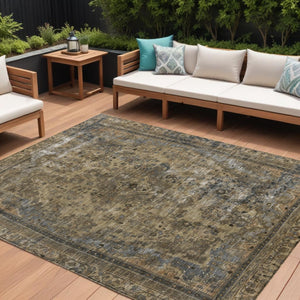 HomeRoots 5' Classic Medallion Indoor Outdoor Area Rug in Brown & Denim Blue - Washable, Durable, Versatile 10' X 14' 616051