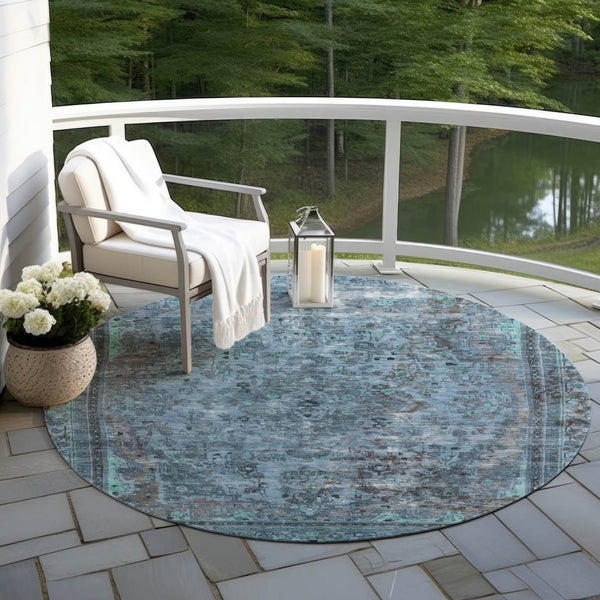 HomeRoots 5' Stylish Blue and Gray Medallion Area Rug - Durable, Washable Design for Indoor and Outdoor Spaces 8' Round 616054