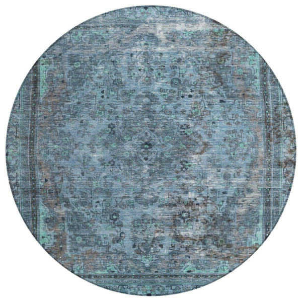 HomeRoots 5' Stylish Blue and Gray Medallion Area Rug - Durable, Washable Design for Indoor and Outdoor Spaces 8' Round 616054