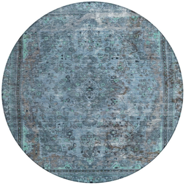 HomeRoots 5' Stylish Blue and Gray Medallion Area Rug - Durable, Washable Design for Indoor and Outdoor Spaces 8' Round 616054