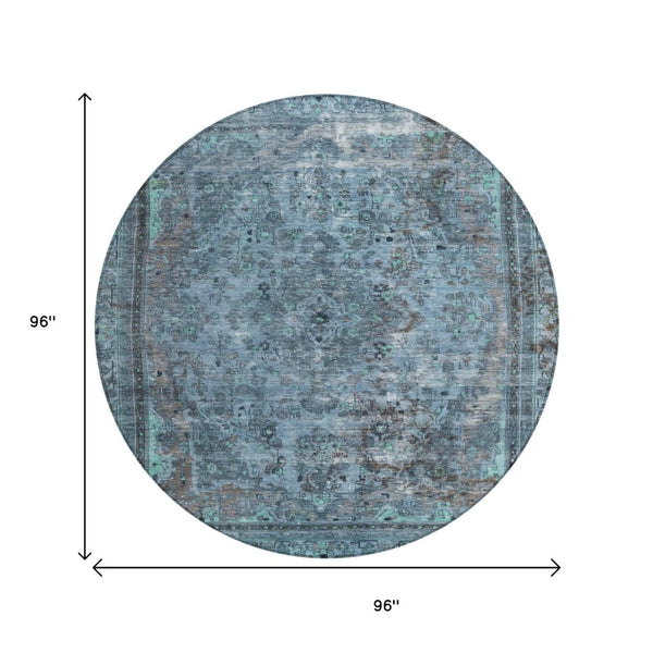 HomeRoots 5' Stylish Blue and Gray Medallion Area Rug - Durable, Washable Design for Indoor and Outdoor Spaces 8' Round 616054