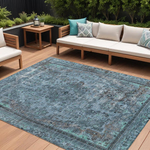 HomeRoots 5' Stylish Blue and Gray Medallion Area Rug - Durable, Washable Design for Indoor and Outdoor Spaces 9' X 12' 616056