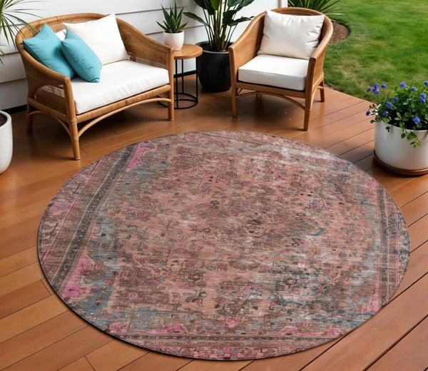 HomeRoots 5' Elegant Medallion Washable Area Rug in Soft Pink and Mauve - Durable, Stylish for Indoor & Outdoor Use 8' Round 616072